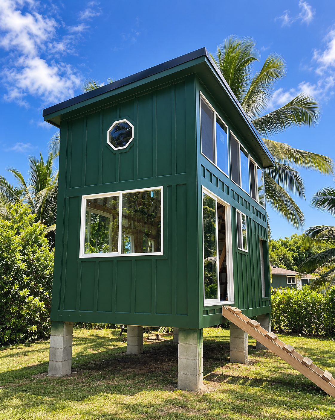 Finished green board-and-batten ADU on concrete piers with palms behind