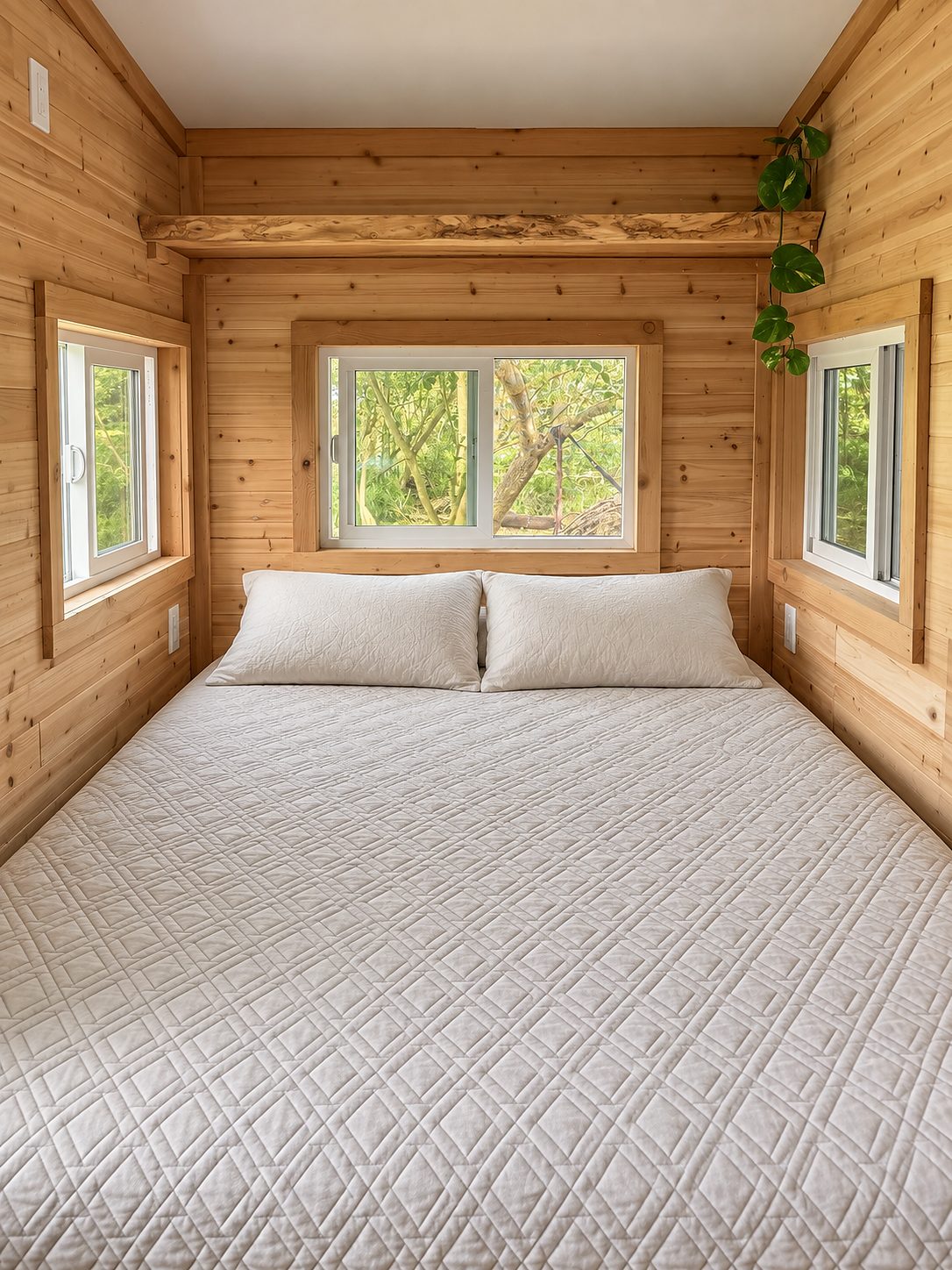 Sleeping nook lined in wood with a window on each side