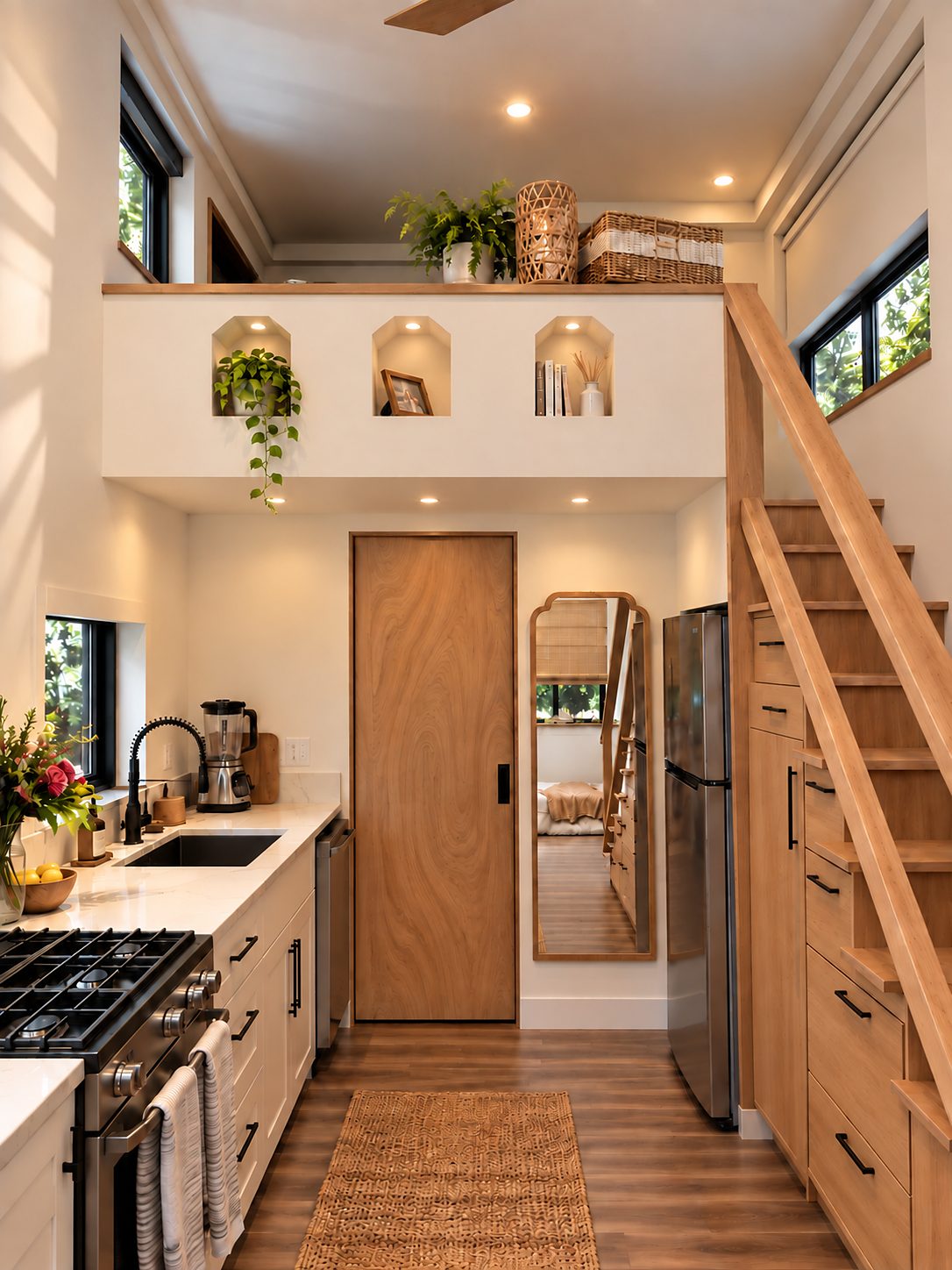 Tiny-house kitchenette with white cabinetry, a ladder to the loft and a wood-lined wall