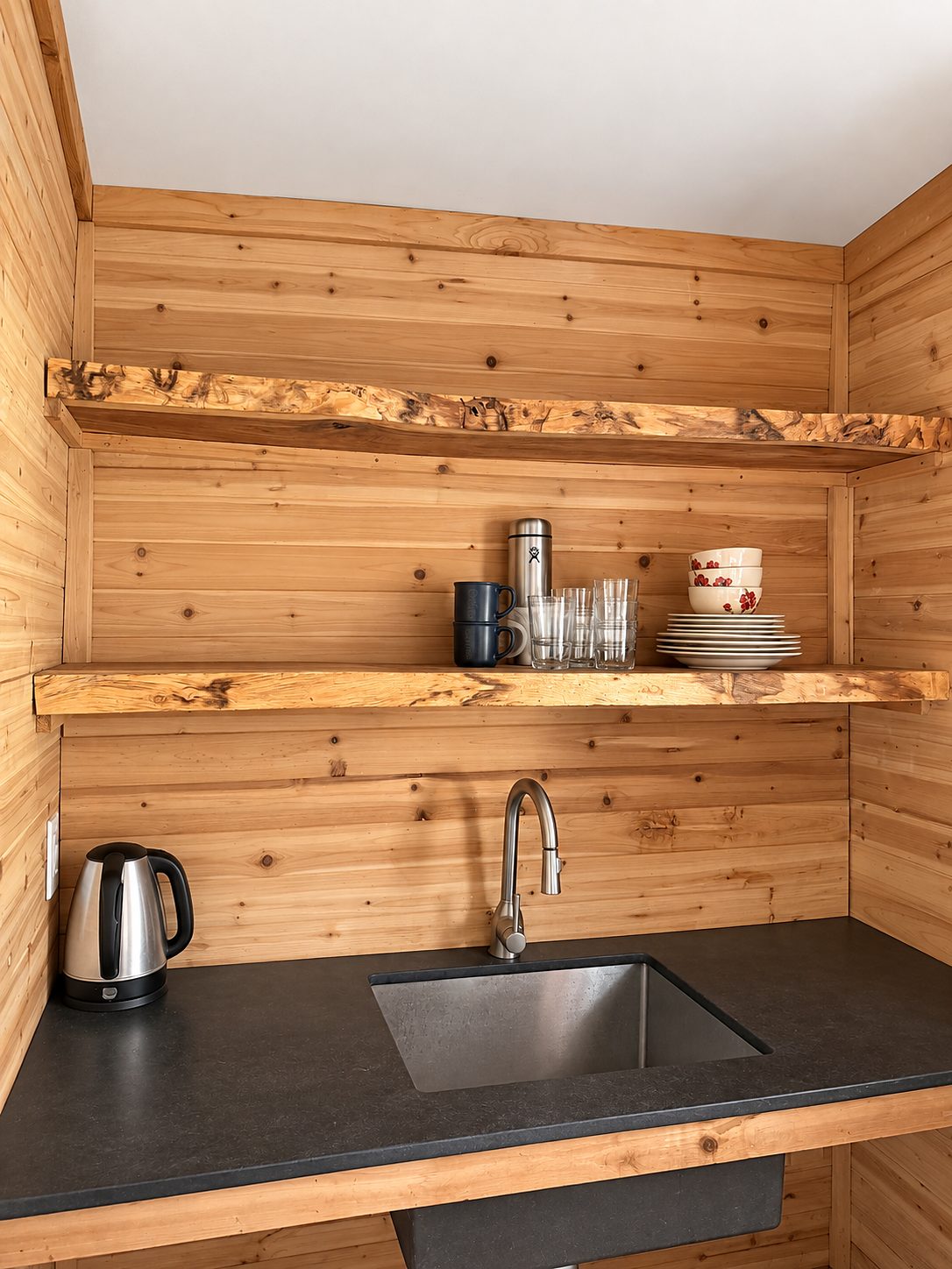 Kitchenette counter with a dark top, undermount sink and live-edge wood shelves