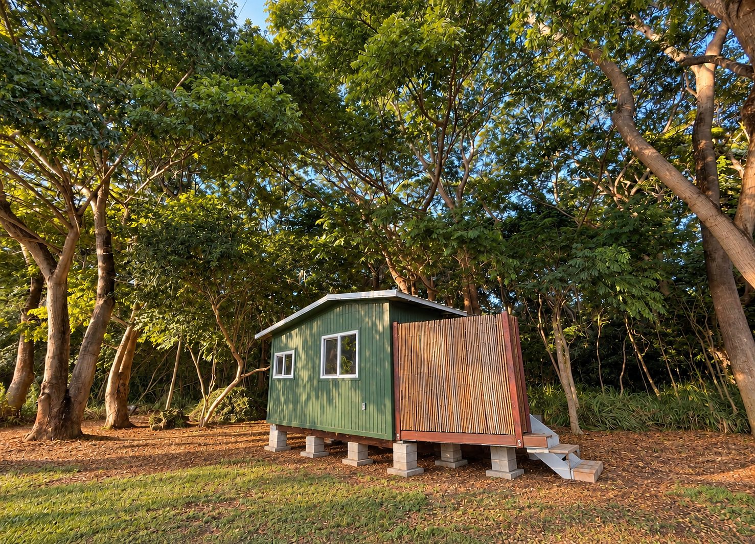 The green tiny house with its shed roof and bamboo-screened lanai, on piers among trees