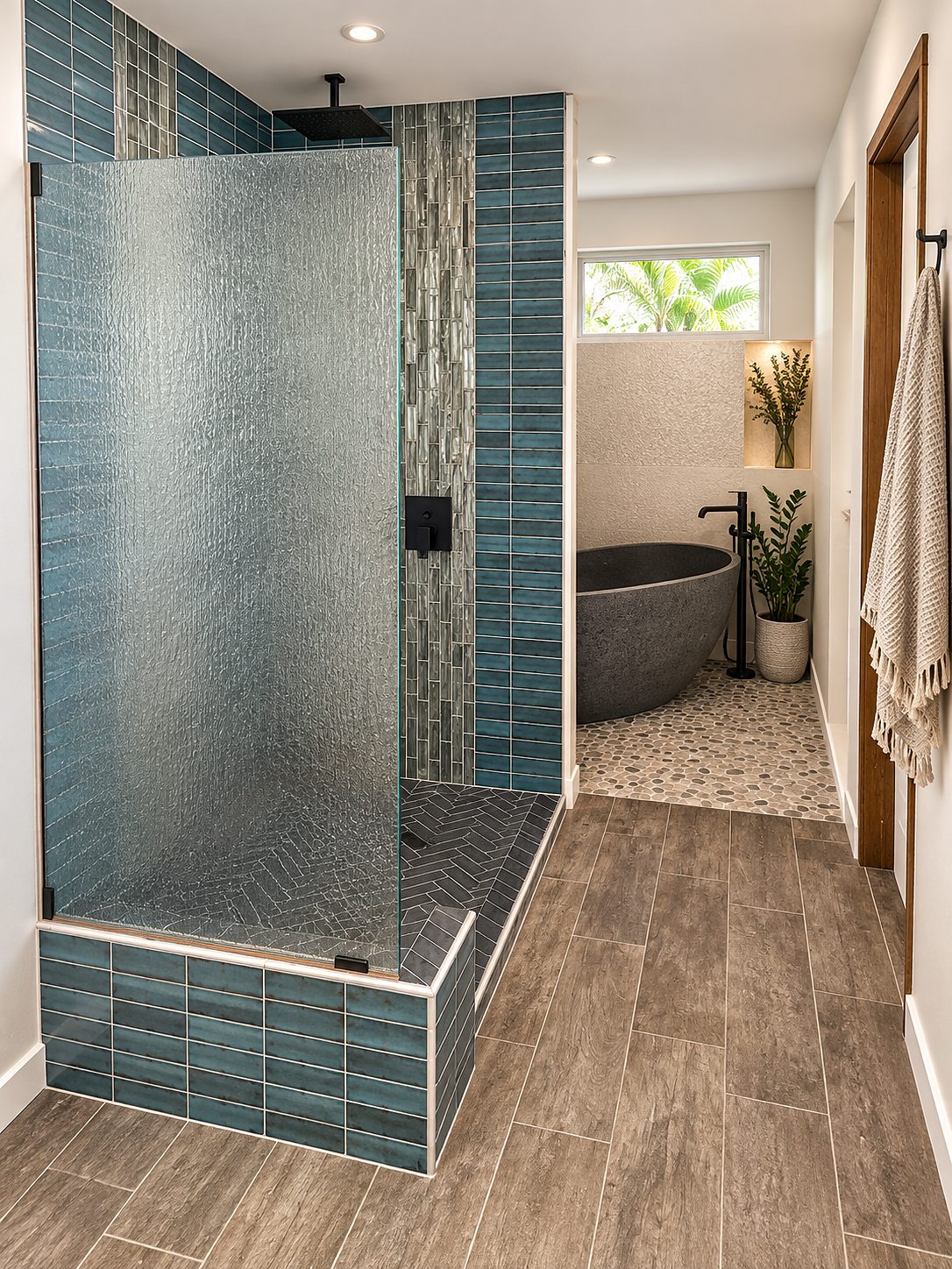 Walk-in shower in teal tile with a wood-look floor and a soaking tub beyond