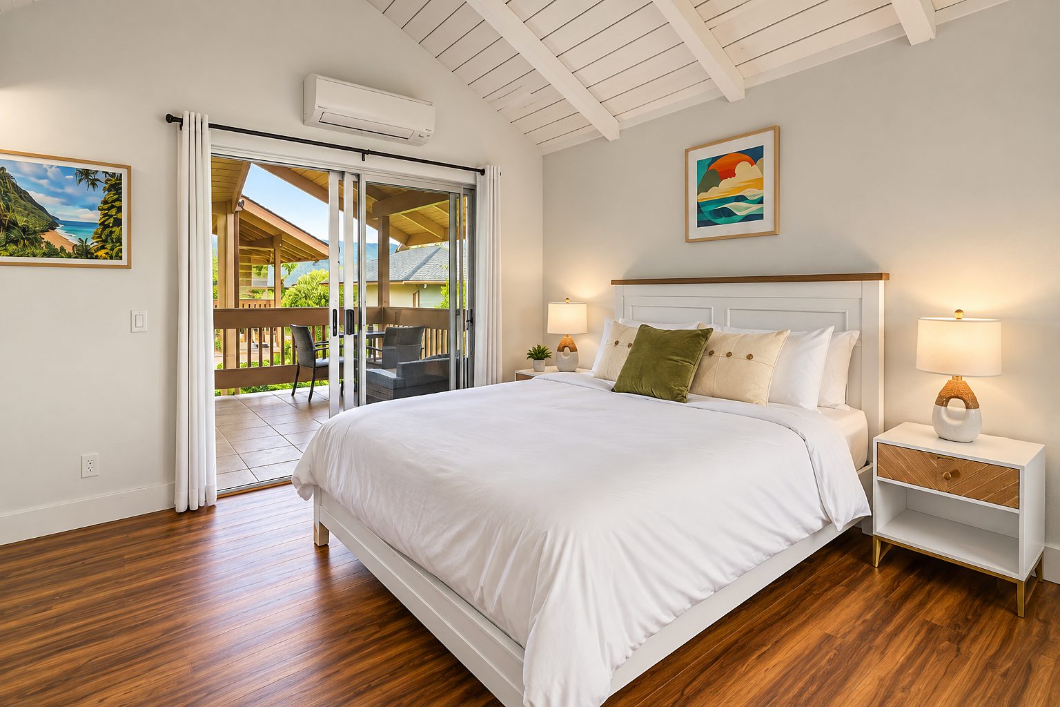 Bedroom with a vaulted white ceiling and sliding doors to the lanai