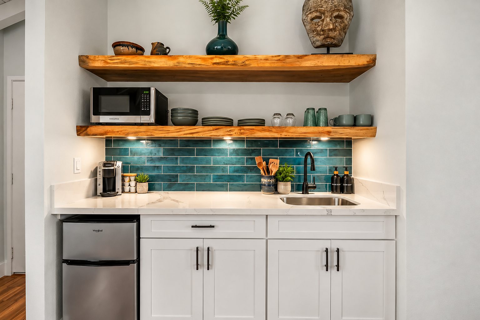 Kitchenette with a teal tile splashback and live-edge wood shelves