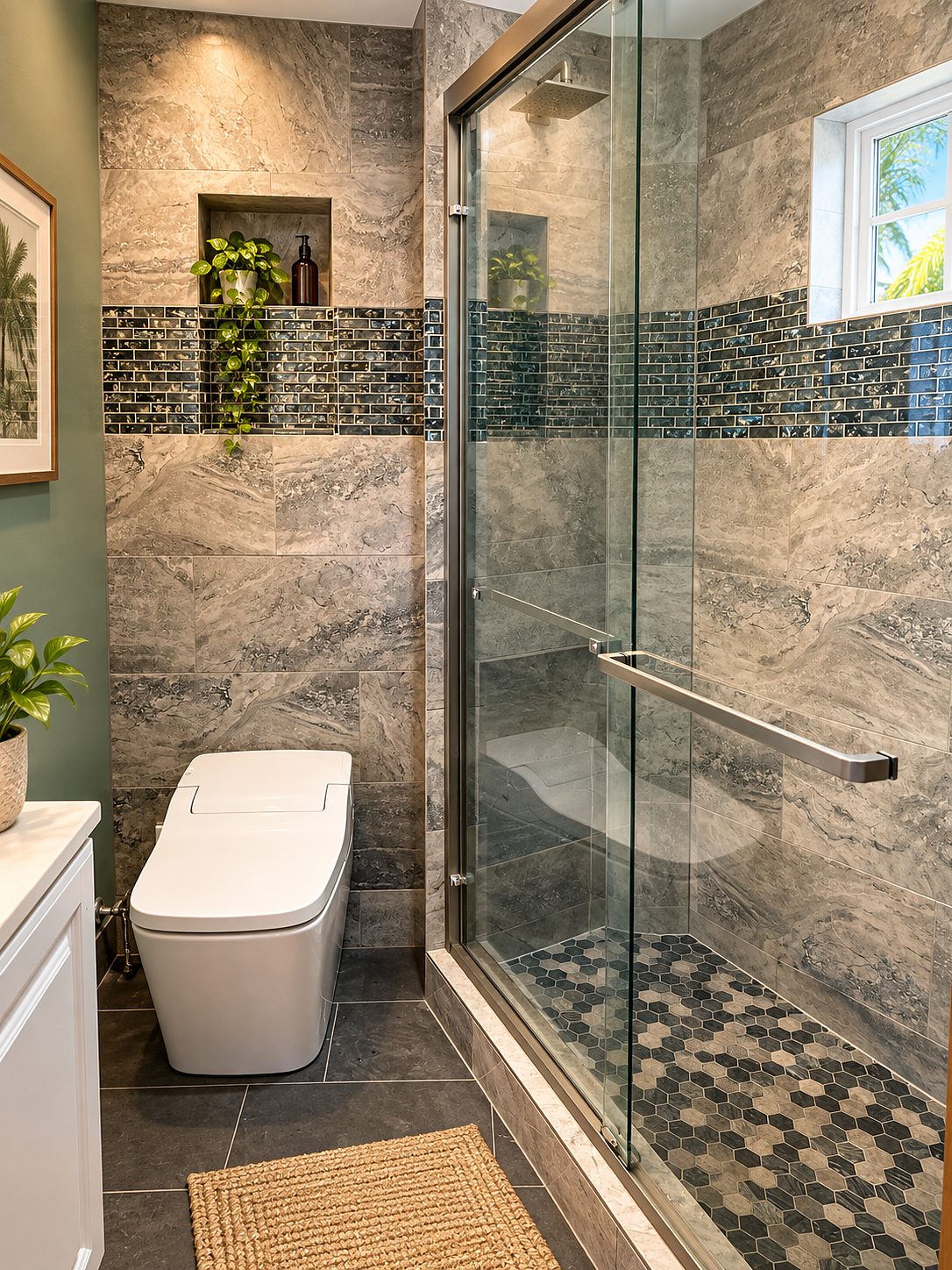 Walk-in shower in stone-look tile with a glass enclosure, mosaic band and pebble floor
