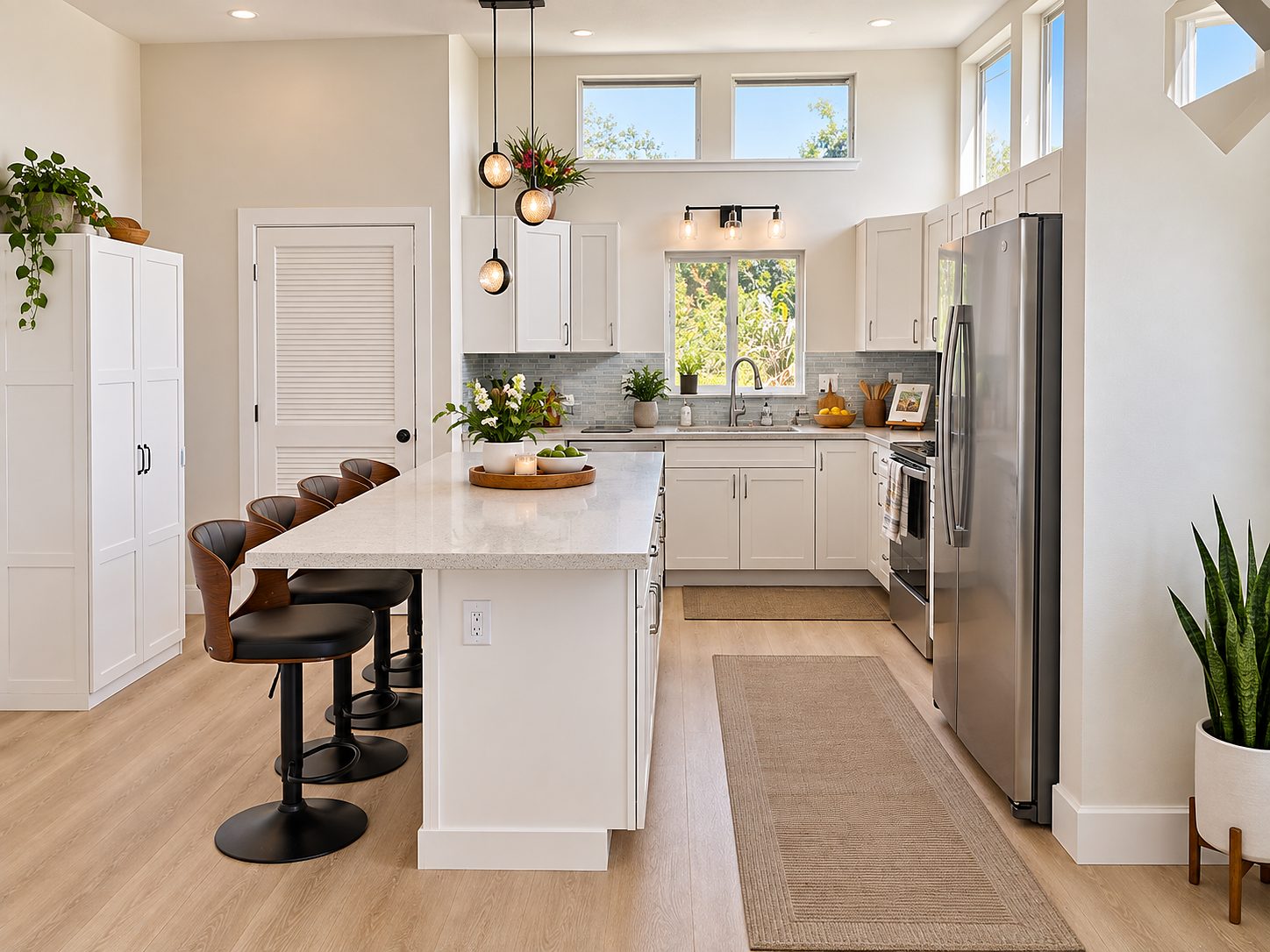 New white kitchen with an island, bar stools and stainless appliances