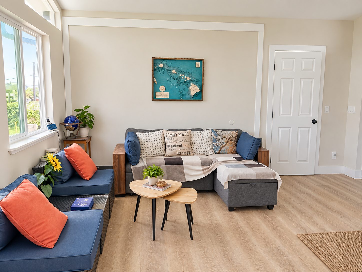 Living room with a blue sectional sofa, wood floors and a window to the garden