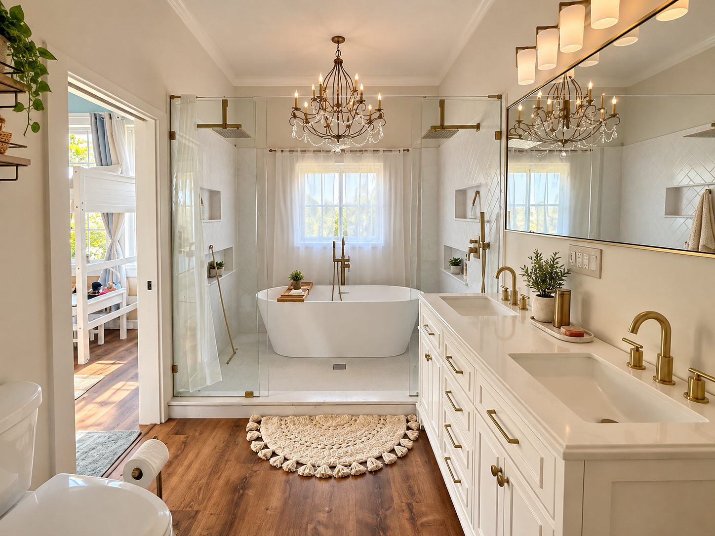 Primary bathroom with a freestanding tub, chandelier and double vanity