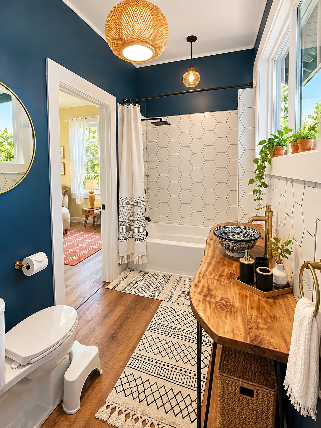 Bathroom with deep blue walls, white hexagon tile and a live-edge wood vanity