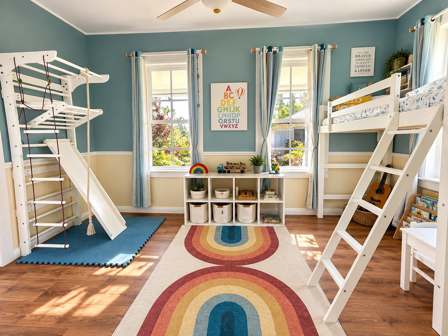 Children’s room with a built-in bunk, ladder, slide and rainbow rug