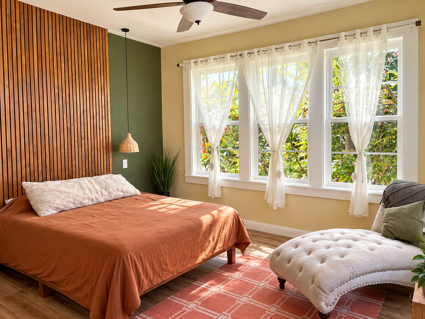 Bedroom with a vertical wood slat headboard wall and windows to the trees