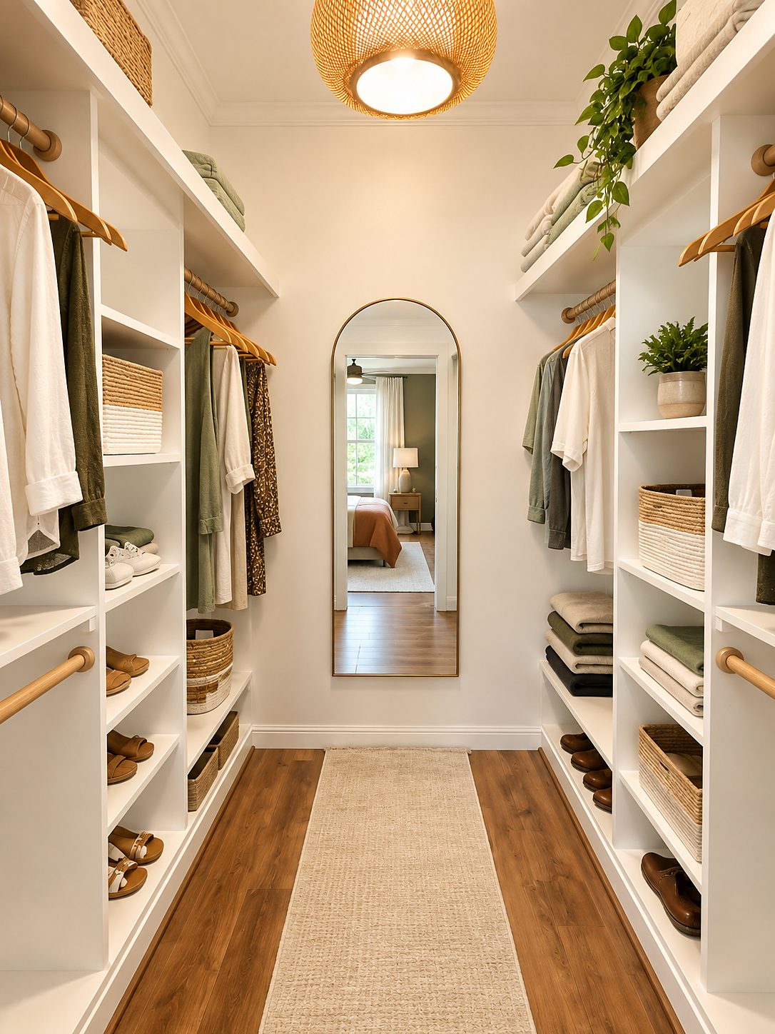 Walk-in closet with white shelving and an arched mirror at the end