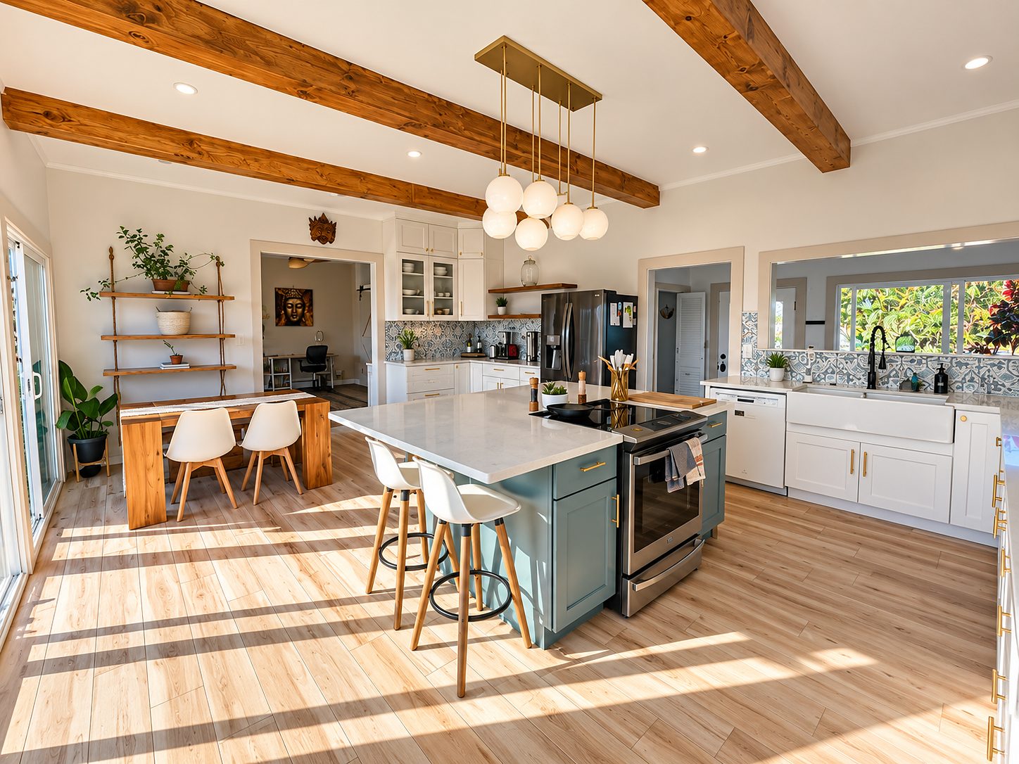 Rebuilt kitchen with exposed beams, white cabinetry, a sage-green island and patterned tile