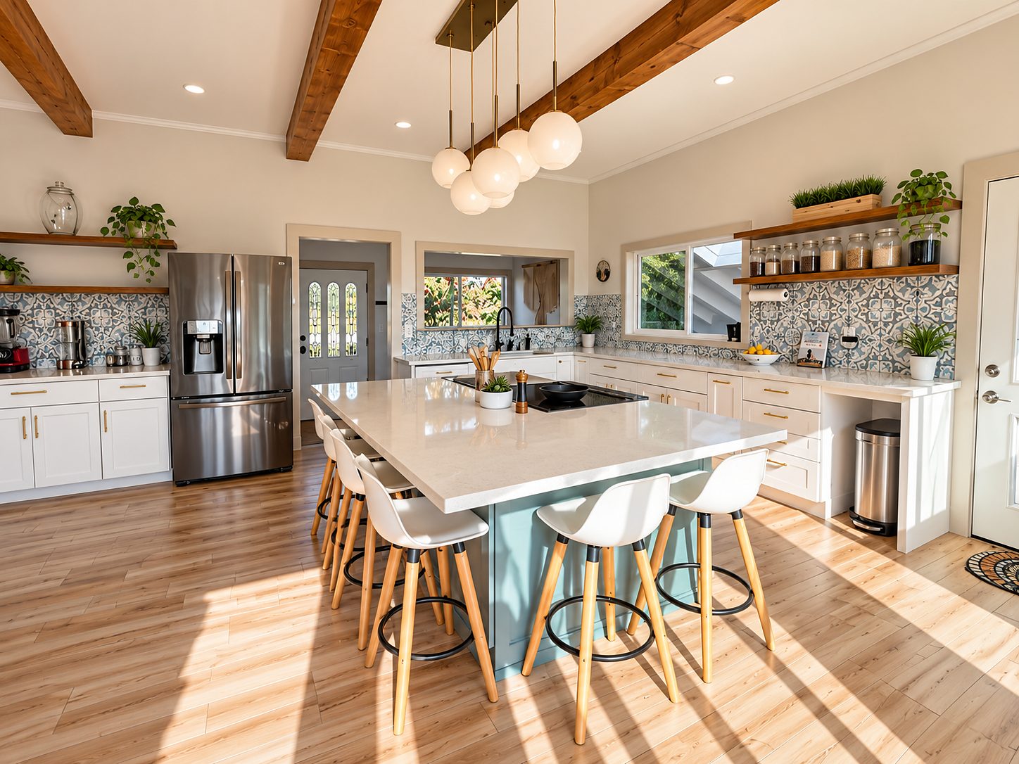 Rebuilt kitchen with exposed beams, a sage-green island with seating and stainless appliances