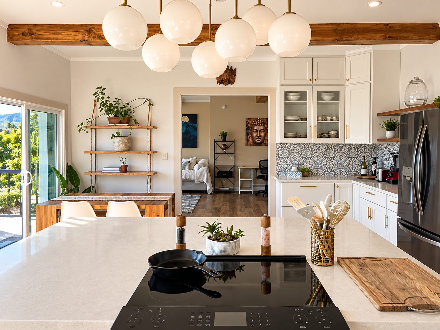 Induction cooktop and open shelving with a view through to the living room