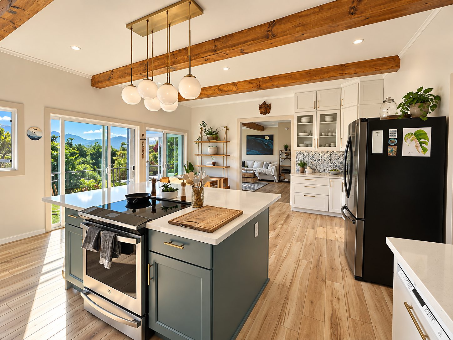 Kitchen island with a black range, pendant lights and mountains through the windows