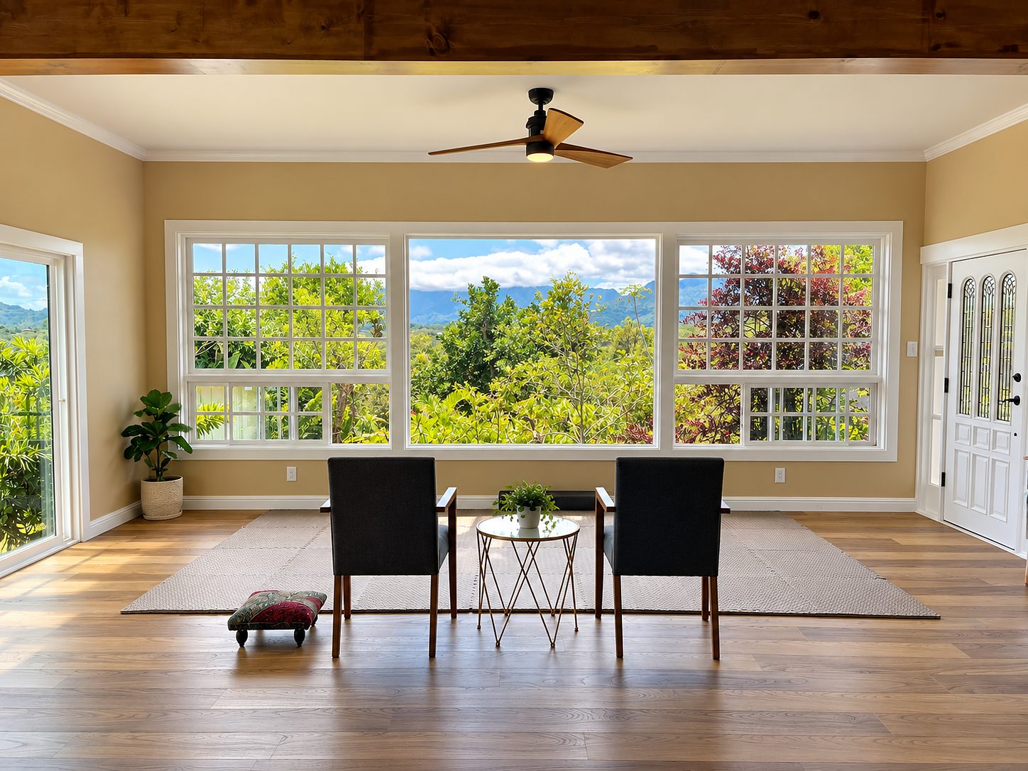 Rebuilt living room with a wall of windows to the mountains