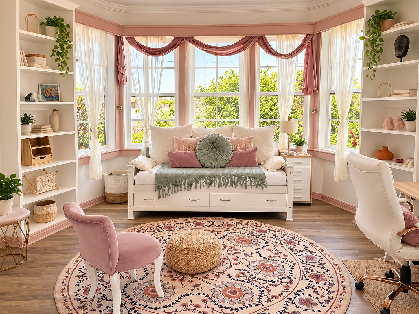 Office in a bay window with white built-in shelving on both sides