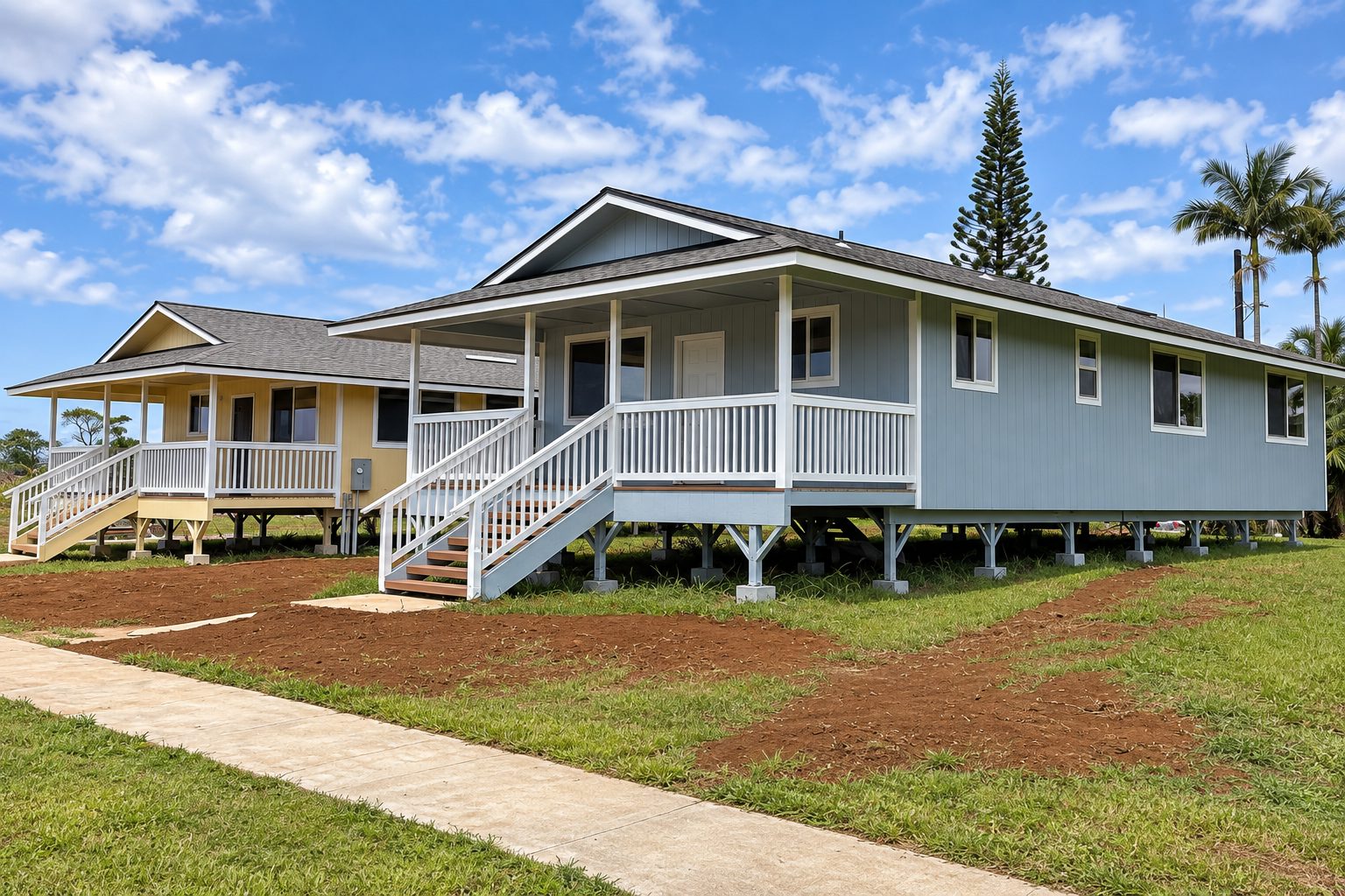 Two finished single-storey homes on piers with covered lanais and stairs at Kauhale O Namahana, Kīlauea