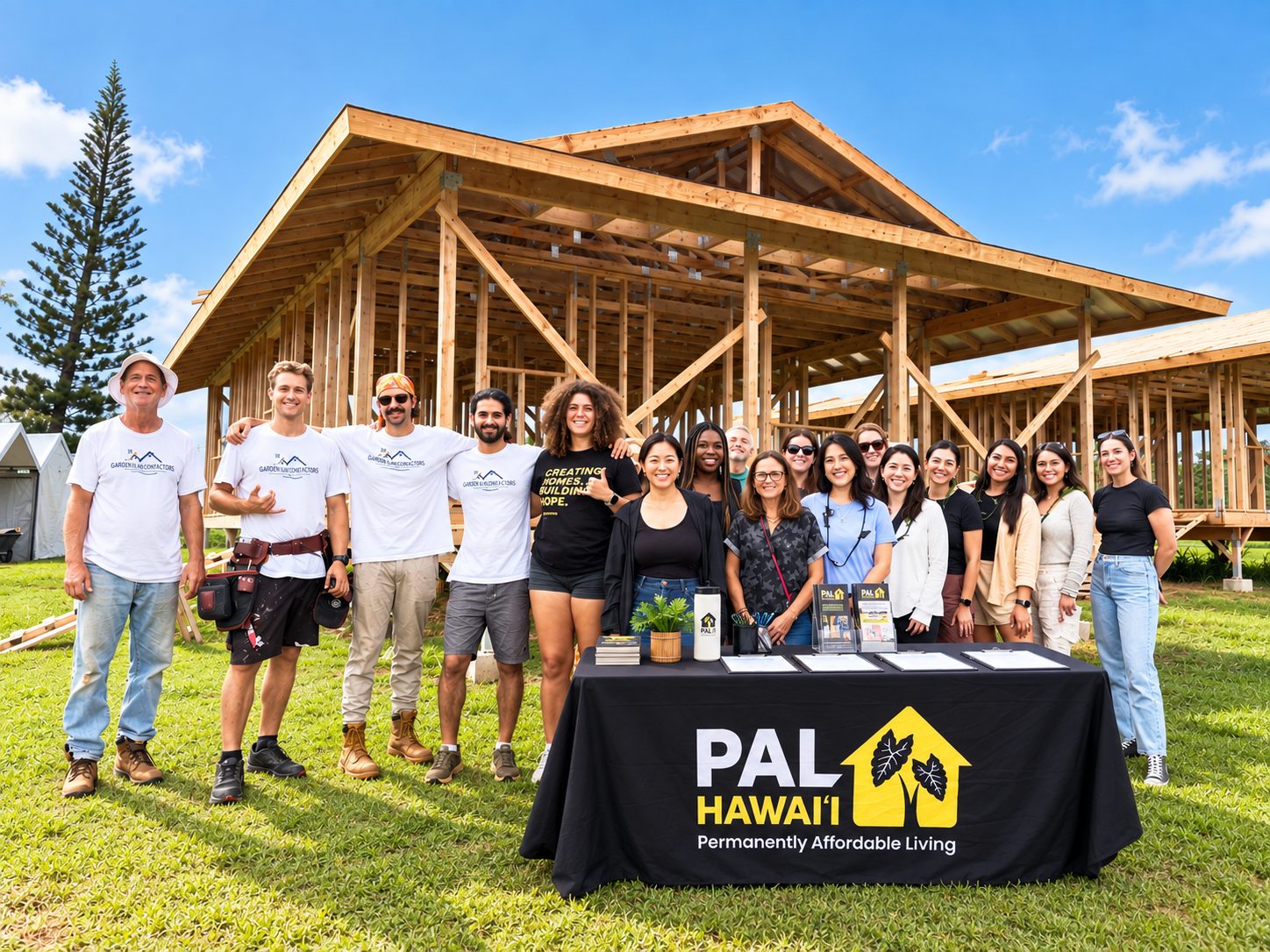 The Garden Island Contractors crew with the PAL Hawai‘i team and visiting funders in front of a framed house at Kauhale O Namahana