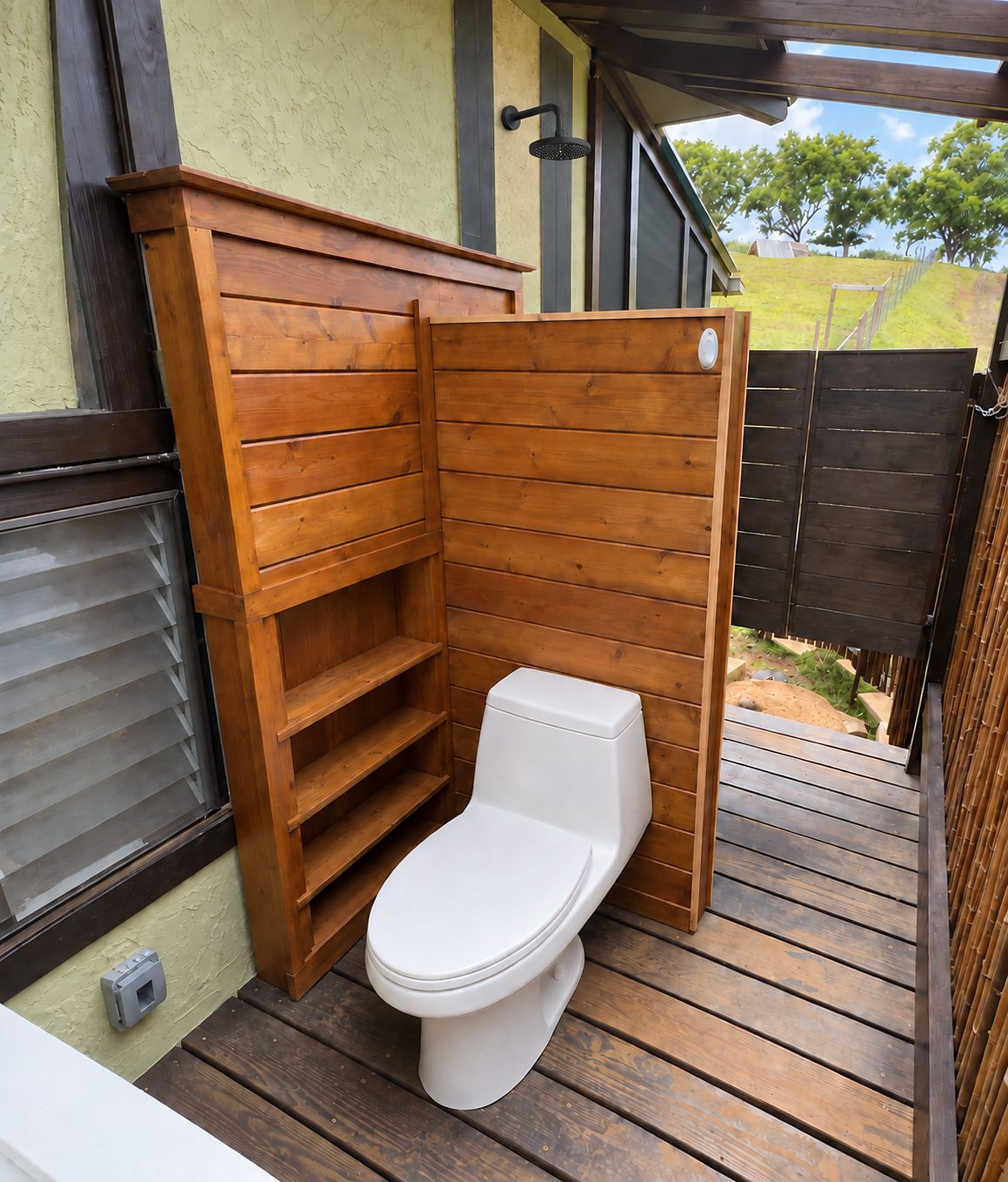 Outdoor bathroom with a wood-decked floor, shelving and a view to the garden