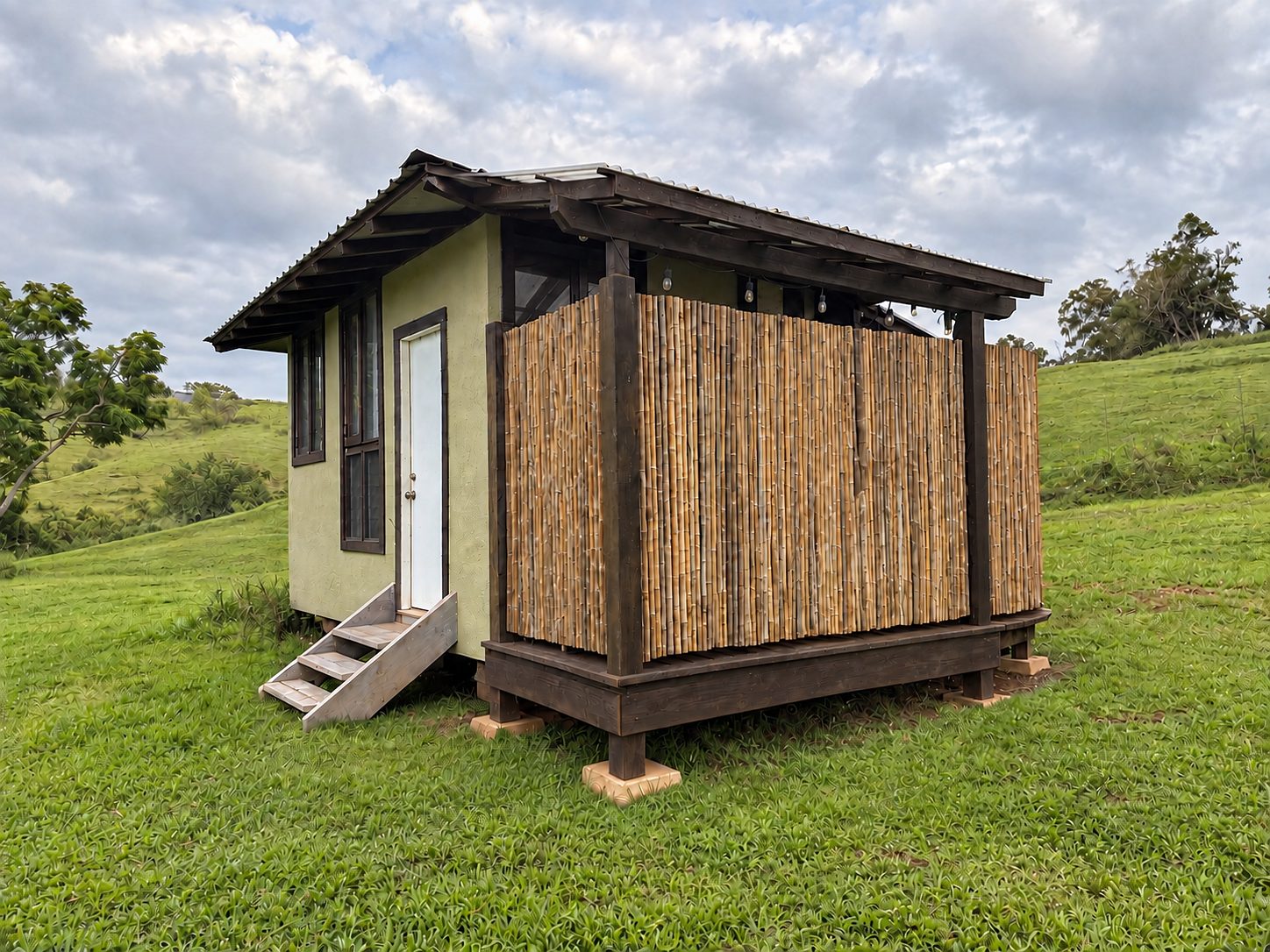 Green outbuilding with a bamboo-screened outdoor shower on piers in a field