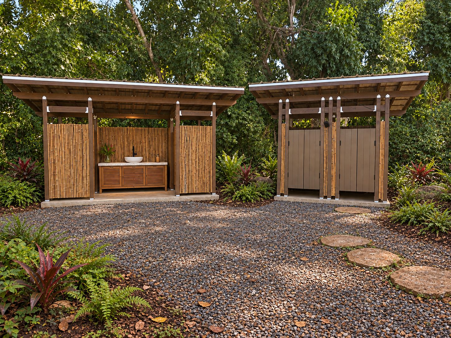 Two bamboo-screened outdoor bathroom structures with shed roofs, a gravel court and stepping stones between them