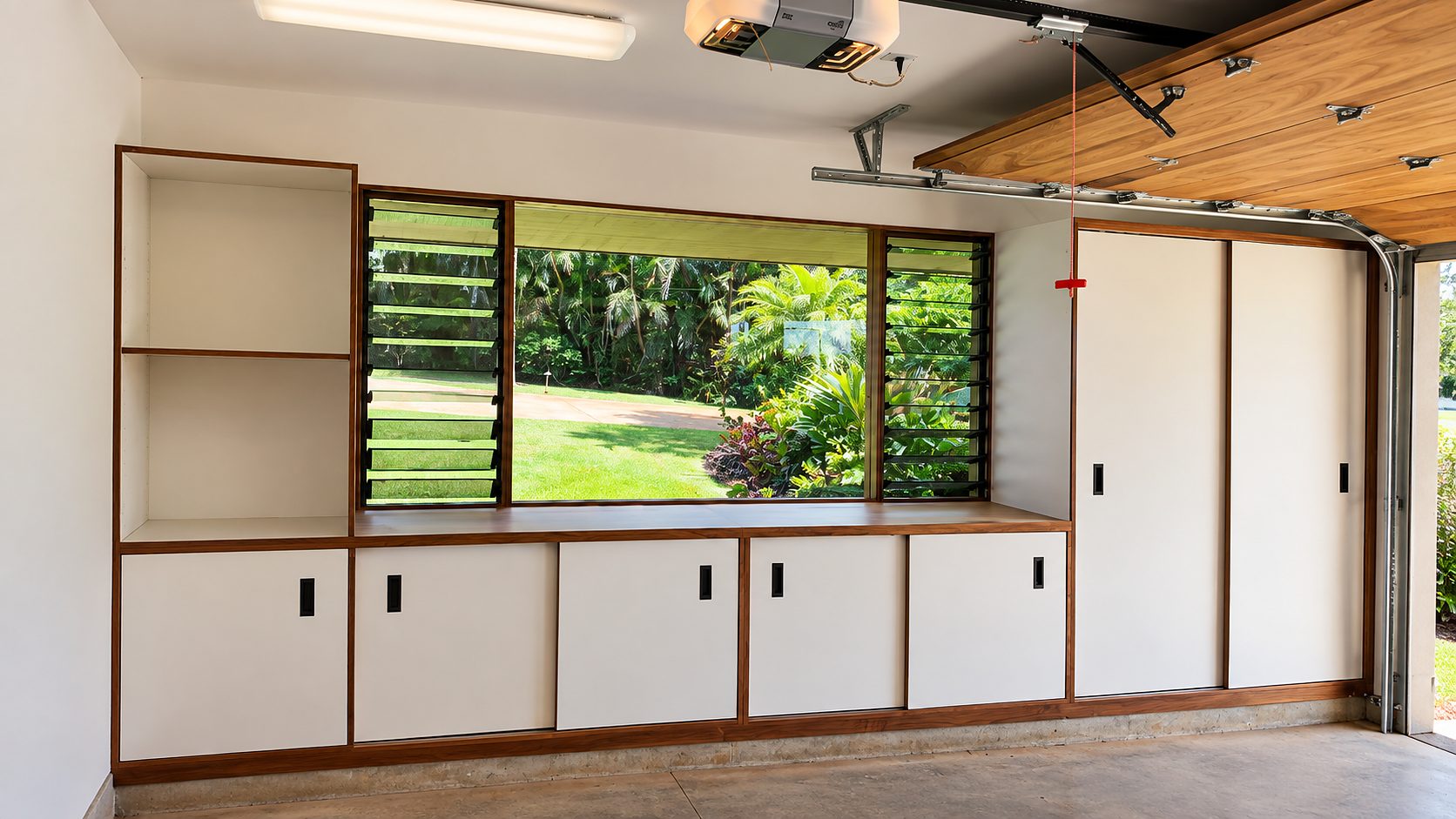 Garage storage cabinetry in white melamine with teak trim and edging