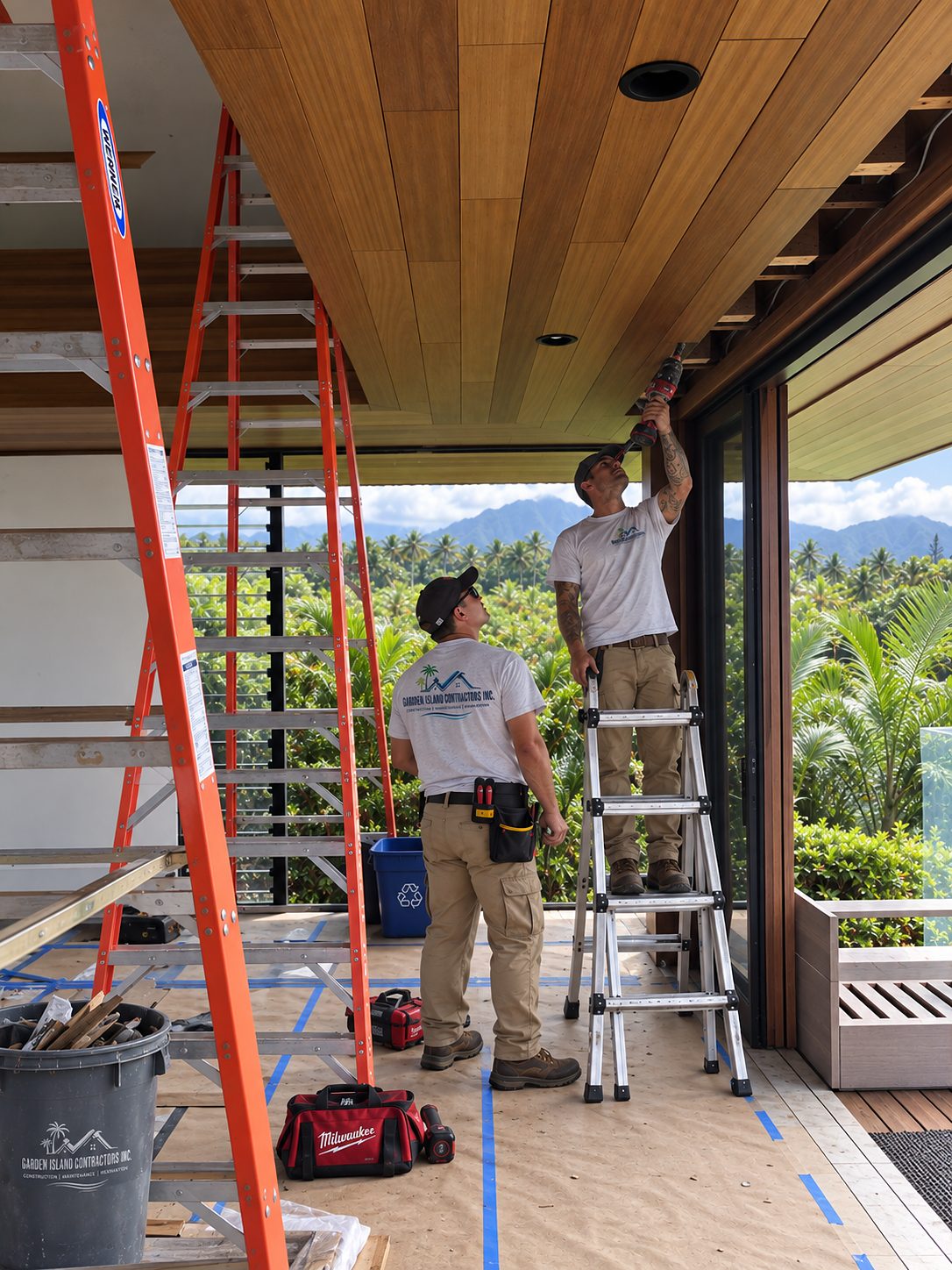 Two carpenters on ladders working at the ceiling in a home open to the ocean