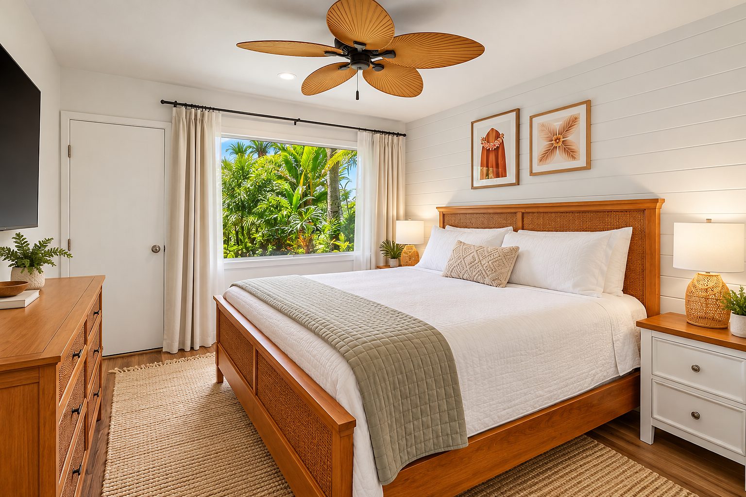 Bedroom with a wood bed, ceiling fan and a window to the palms