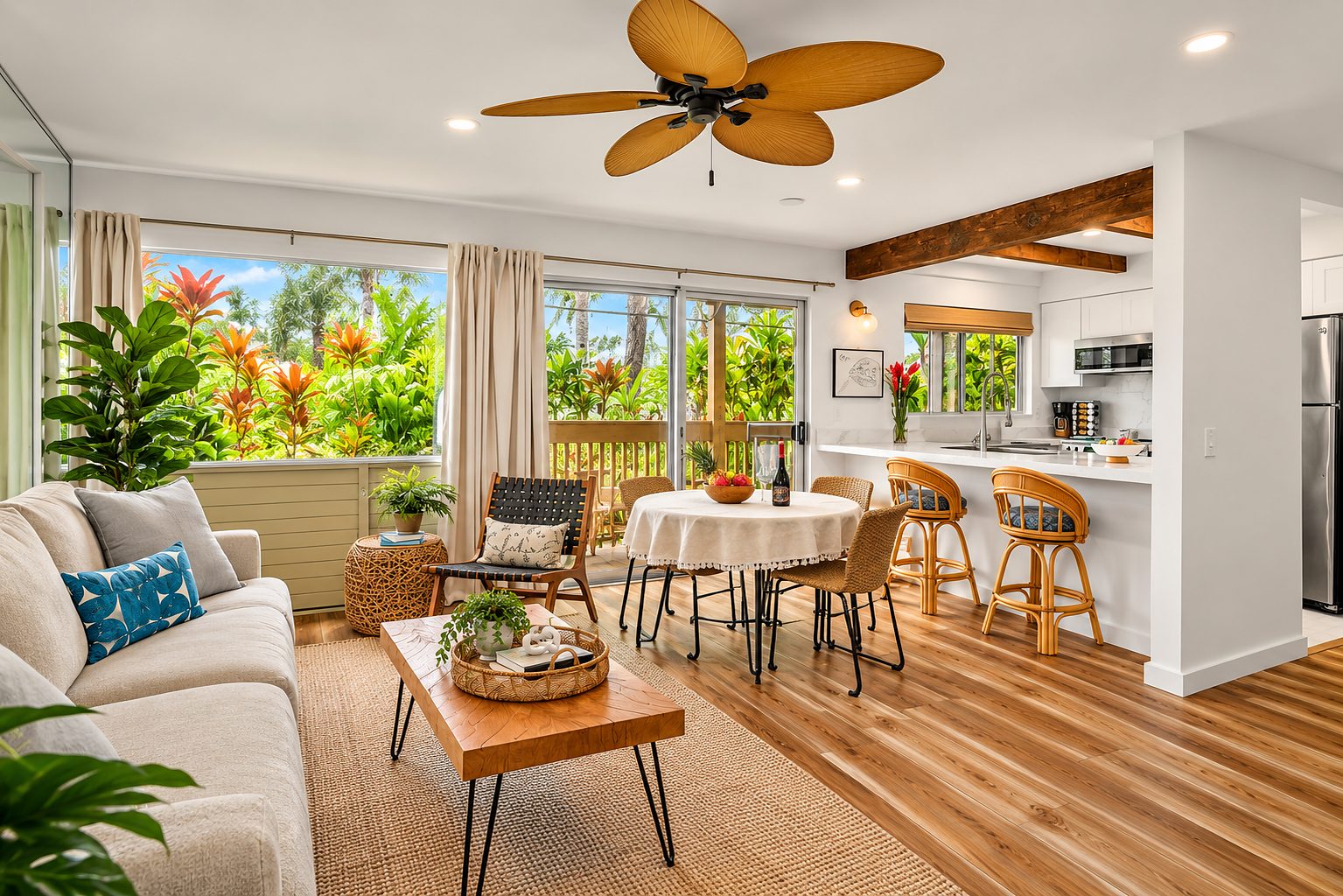 Second condo: living room with a white vaulted ceiling, ceiling fan and the kitchen beyond
